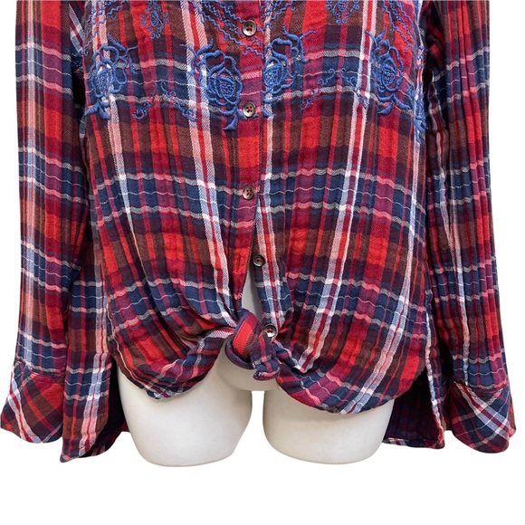 Free People Magical Plaid Shirt Red and Blue Embroidered Button Down Blouse S - Picture 10 of 14